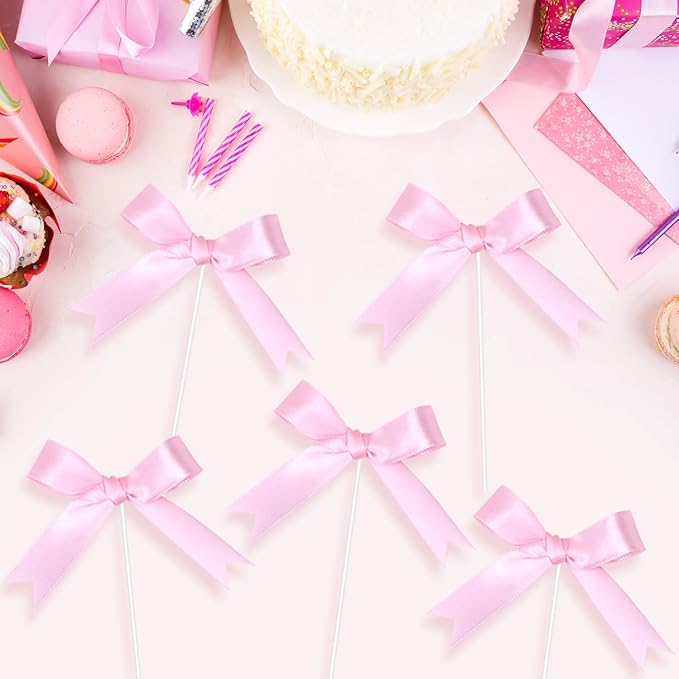 Pink Bow Cake Toppers, Happy Birthday Sign, 12Pcs Ribbion Bow Cupcake Toppers & 6Pcs Cake Toppers for Pink Bow Birthday Decorations, Baby Shower, Bridal Shower, Graduation Party