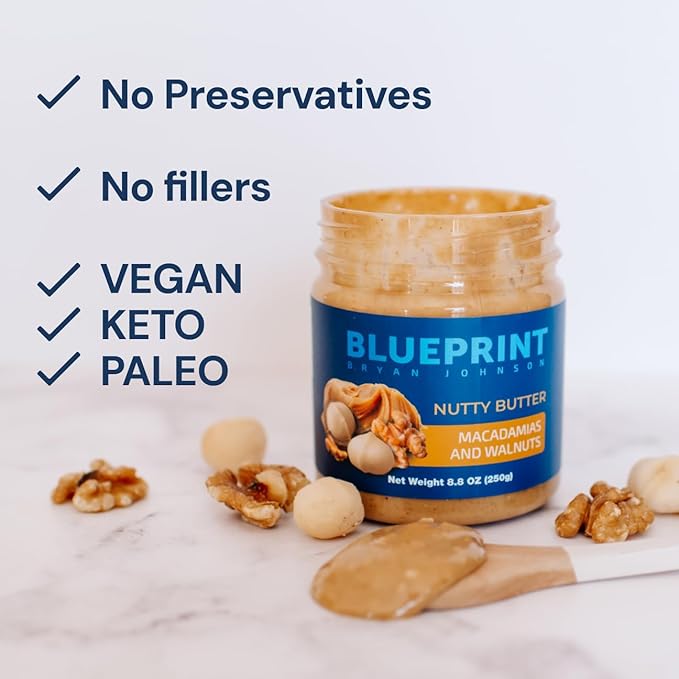 Blueprint Bryan Johnson Nutty Butter ??Chunky Macadamia Nut Butter with Walnut ??No Palm Oil, No Added Sugar ??Just 3 Ingredient Nut Butter??Keto, Vegan, Paleo ??Low Carb Nut Butter Snack ??8.8oz Jar