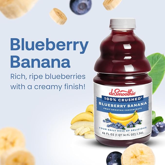 Dr. Smoothie 100% Crushed Blueberry Banana ??No Added Sugar, Made with Real Fruits/Fruit Juice ??Vegan, No Artificial Colors or Flavors ??Ripe Blueberries & Creamy Banana ??46 oz Bottle