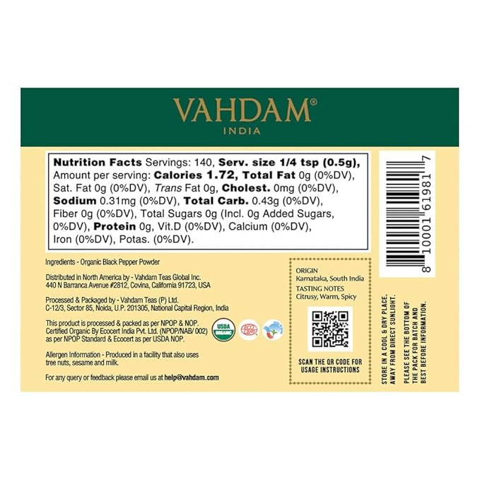 VAHDAM, Organic Black Pepper Powder (2.47oz) Gluten Free & 100% Raw Ground Black Pepper | Ground Peppercorns from India | Perfect for Cooking | Direct from Source