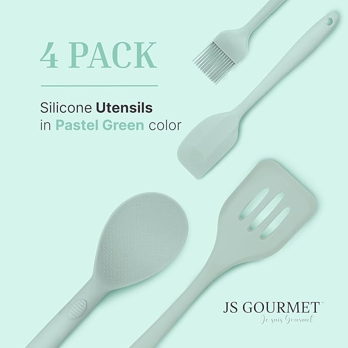Silicone Utensils 4-Piece Set ??Rubber Spatula, Pastry Brush, Slotted Turner, and Rice Paddle ??Complete Heat-Resistant Set for Non-Stick Cookware ??Kitchen Tools for Cooking and Baking ??Pastel Green
