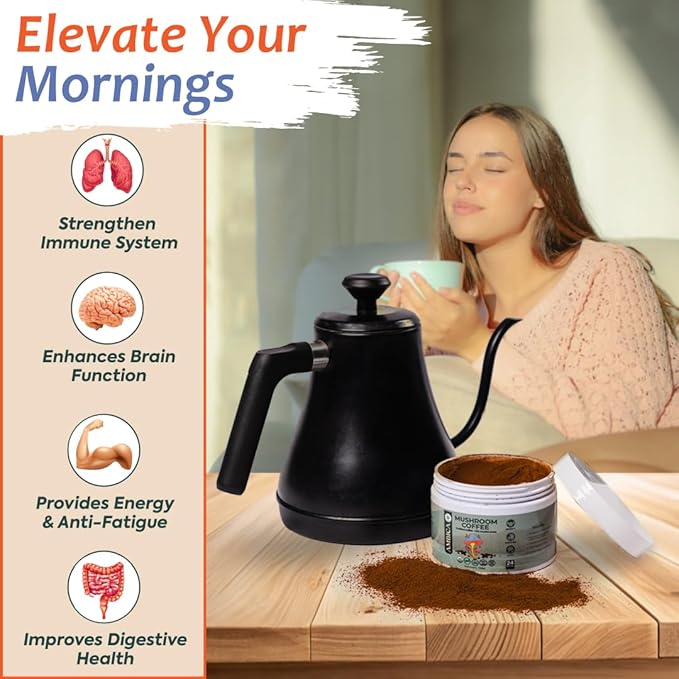 Ambica Organic Instant Mushroom Coffee Blend- Advanced Ten Mushrooms Coffee Mix for Brain Health, Weight Support, Immunity, Energy & Gut Health- Natural Coffee Alternative - 24 Servings - 4.23 Ounce