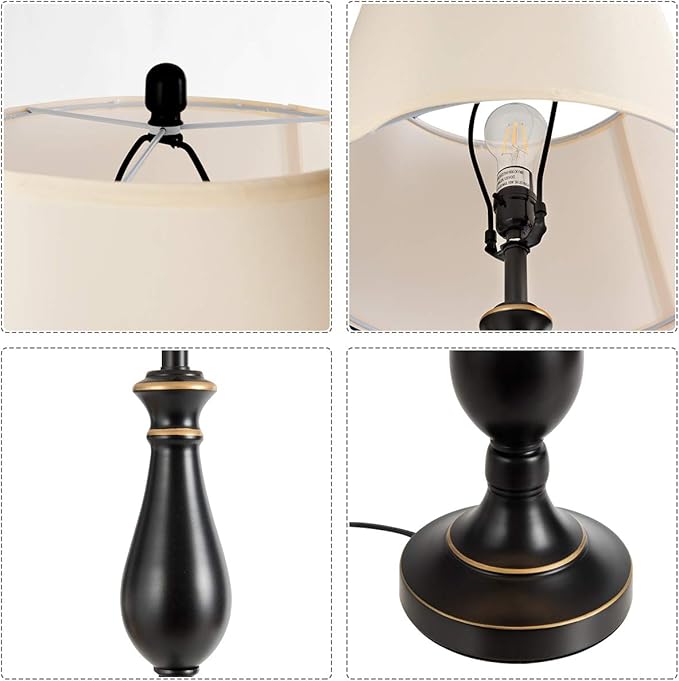 Tangkula 3-Piece Vintage Metal Base Table and Floor Lamp Set, Modern Lamp Set with Fabric Shade for Living Room, Bedroom - Matt Black Finish