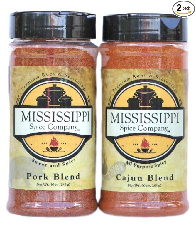 Mississippi Spice Company Premium Rubs & Seasonings, Pork and Cajun Blend, Sweet Heat, 10 oz (2- Bottles, Pork/Cajun)