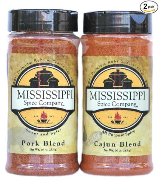 Mississippi Spice Company Premium Rubs & Seasonings, Pork and Cajun Blend, Sweet Heat, 10 oz (2- Bottles, Pork/Cajun)