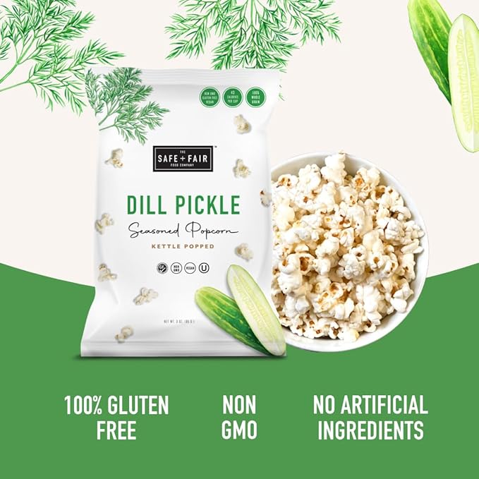 Safe + Fair Plant Based Gourmet Dill Pickle Seasoned Popcorn -Dill Pickle Seasoned Popcorn Non-GMO + Gluten Free + Vegan + Kosher Snacks (3 oz bag)