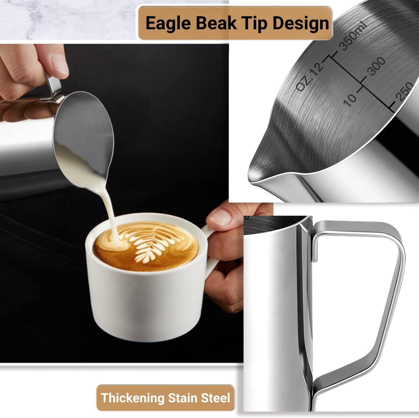 Milk Frothing Pitcher, 350ml/12oz Milk Frother Cup Stainless Steel Jug Steaming Pitcher, Milk