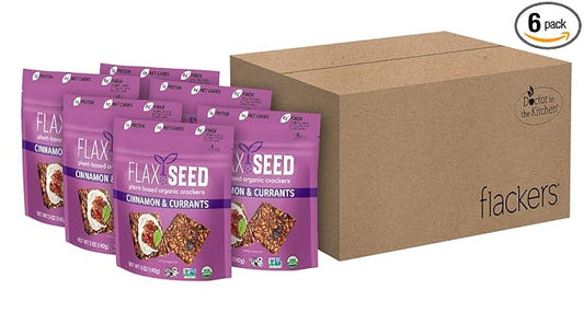 Flackers Organic Flax Seed Crackers Cinnamon & Currants, 5 Ounce 6-Pack, Gluten Free, Non GMO, Vegan, Naturally Sweet
