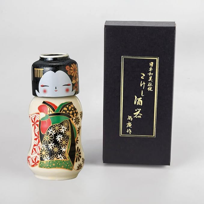 Japanese Traditional Kokeshi Design Sake Wine Soju Ceramic Set with 1 Ochoko Cup and 1 Tokkuri Bottle Gifts (Kokeshi Kiku Maiko)