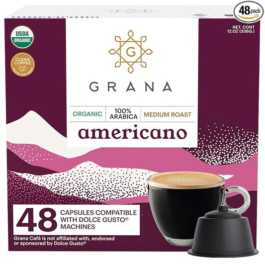 G GRANA Americano USDA Organic Dolce Gusto Compatible Coffee Pods, 100% Arabica Single Source Specialty Coffee, 48 Single Serve Pods