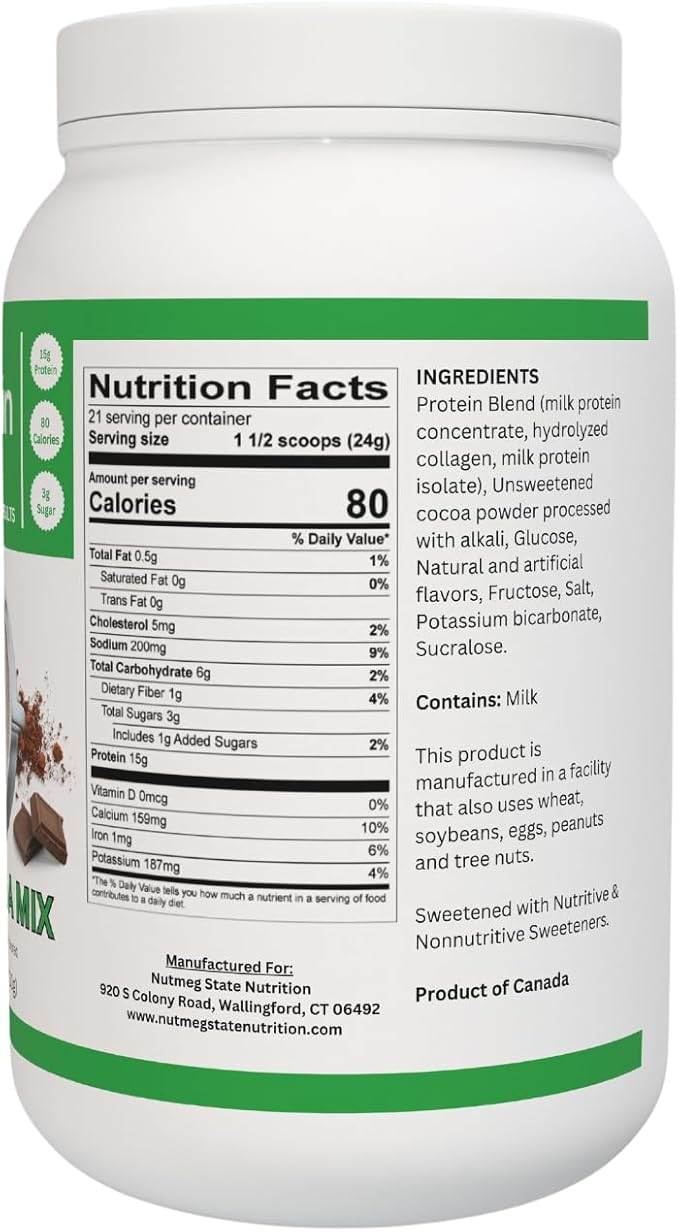 Nutmeg State Nutrition - High Protein Hot Cocoa Mix, Low Calorie Hot Chocolate Protein Drink, 15g Protein, 80 Calories, 3g Sugar, 21 Servings Per Canister, 17.6 Ounces