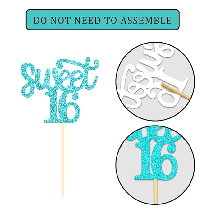24 Pcs Sweet 16 Blue Glitter Birthday Cupcake Toppers for 16th Birthday Celebrating Party Decorations (Blue)