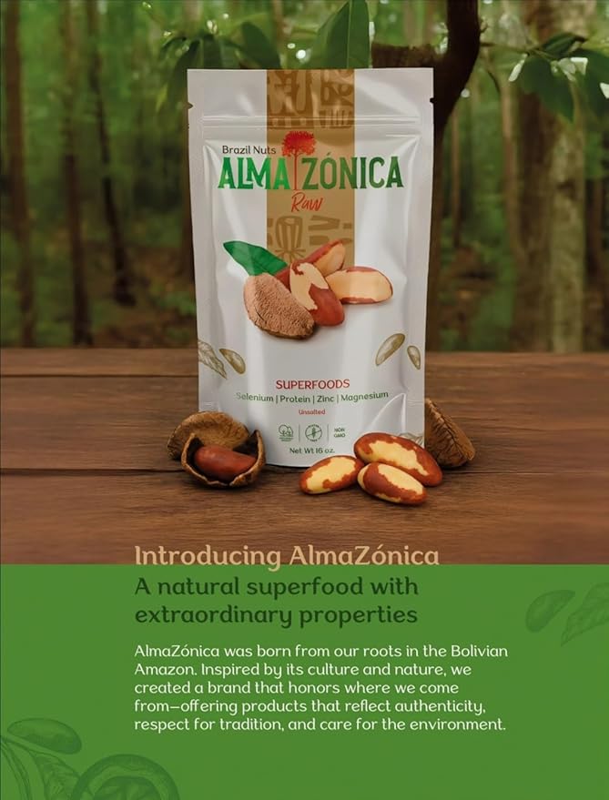 ALMA ZÓNICA – Raw unsalted premium Brazil Nuts, 1 pound (16oz) | Unsalted, Gluten-Free, Kosher | Rich in Selenium, Antioxidants & Healthy Fats | Resealable Bag | Sustainable & Ethically Sourced