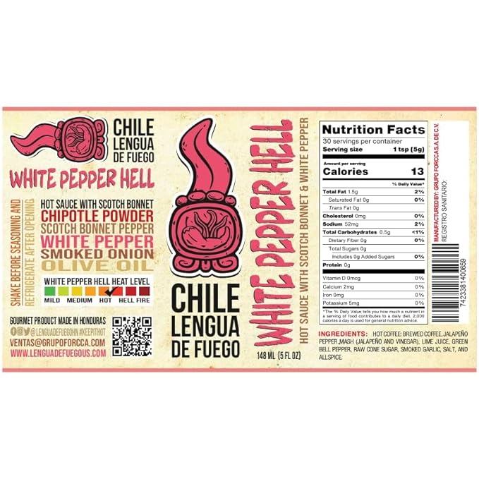 Chile Lengua de Fuego White Pepper Hell Hot Sauce – 1 Bottle – Scotch Bonnet, Chipotle, White Pepper & Thyme – Bold, Savory Heat – Small Batch Artisan Honduran Hot Sauce