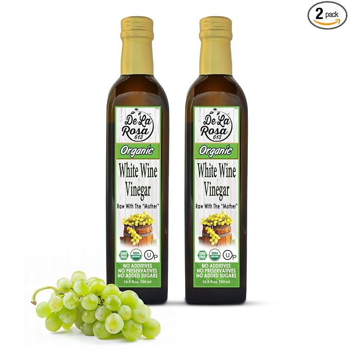 De La Rosa White Wine Vinegar, Raw with the “Mother”, Kosher for Passover, Vegan, Non-GMO & Gluten Free, Great for Salad Dressings, Marinades & More, Organic White Wine Vinegar, 16.9 Oz (Pack of 2)
