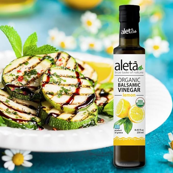 Aleta Farms Balsamic Vinegar, Premium Quality Lemon Infused Balsamic Glaze, USDA Organic, Perfect for Salad Dressings, Pasta, Desserts & Finishing Touches, Made in Greece, 8.45 fl oz (Lemon)