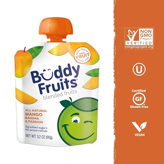 Buddy Fruits Pure Blended Fruit Snack To Go Apple, Mango, Banana and Passion Fruit Applesauce 3.2oz (Pack of 12) | 100% Real Fruit | No Sugar, Non GMO, Vegan, No Preservatives, Certified Kosher