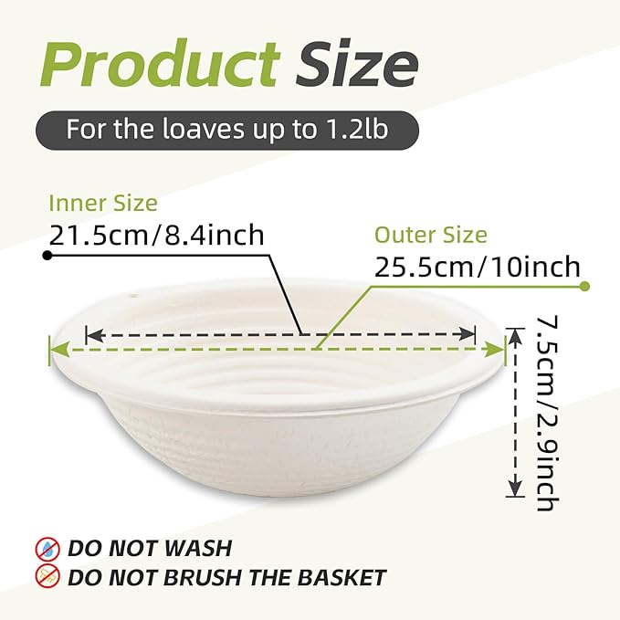2 x 10inch Pulp Round Sourdough Banneton Bread Proofing Basket Baking Supply with Linen Liners for Professional and Homemade Artisan Bread