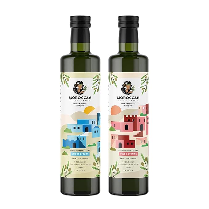 MOROCCAN OLIVE GROVE - Bold & Dynamic - Premium Desert Extra Virgin Cold Extracted Olive Oil, 100% Single Origin from Morocco, Polyphenol Rich - 16.9 Fl oz (500ml) (Red/Blue Combo 500ml)