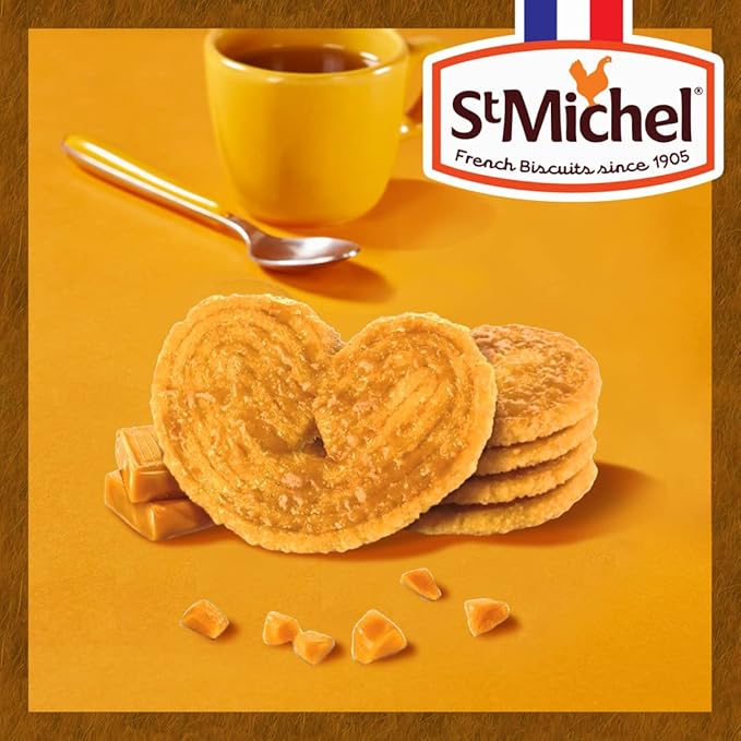 St Michel Caramel Palmiers Biscuits Made In France, pack of 4 (100g each) Non-GMO. Total of 48 Crunchy Caramel glazed Puff Pastry Butter Biscuits