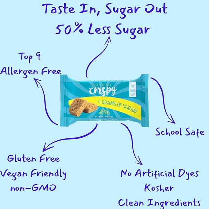 Skinny Crispy Original Vanilla Rice Treats ??Low Sugar (4g), Vegan, Gluten-Free, Dairy-Free, Non-GMO, Top 9 Allergen-Free, Healthy Snack Bars, 10 Count