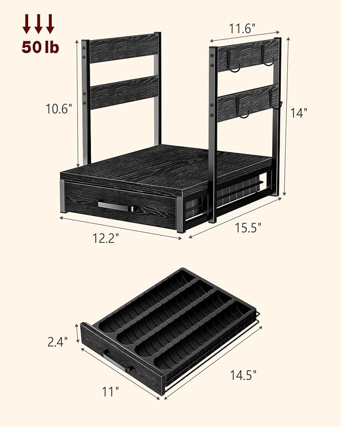Coffee Pod Holder Compatible with Nespresso, Vertuo Pod Holder for 56 Small or 28 Large, Nespresso Capsule Organizer Drawer Coffee Maker Station with Cup Rack, Black