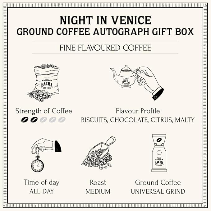 Bacha Coffee | Night in Venice Fine Flavoured Coffee, Autograph Collection, 100% Arabica Specialty Coffee, Ground Beans, Medium Roast, 350g & 100% Natural Unbleached Wood Fibre Paper Filters, Large