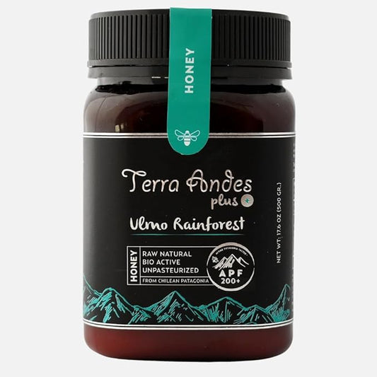 Ulmo Rainforest honey APF 200+ by Terra Andes Plus. Raw natural organic honey. Highest bioactive grade. Made in Chilean Patagonia. 100% pure. NON Gmo. Awarded worldwide. (17.6 oz)