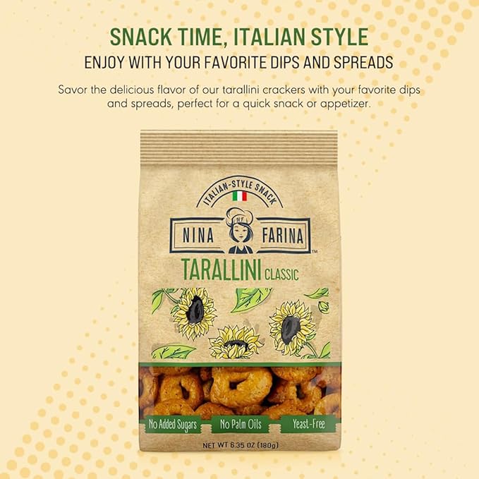 NINA FARINA Tarallini Classic -Fresh Baked Italian Crackers Free from Added Sugars, Palm Oils and Yeast - Italian Style Nutritious Tarallini Crackers Great for Health 6.35oz/bag (4PACK)