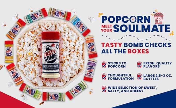 Flavorful Popcorn Seasoning Variety Pack ??Seasonings in White Cheddar Cheese, Ranch, Sour Cream, & More ??Gluten-Free Keto Snack for Movie Nights & Gifts by Tasty Bomb, 2.8-3 Oz (Variety Pack 16)