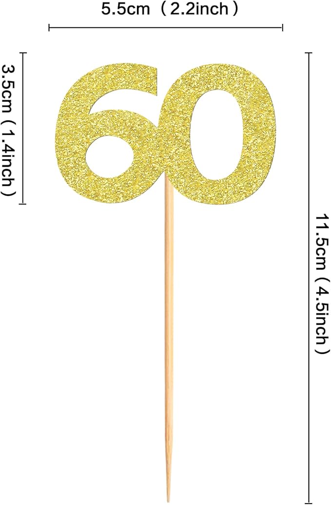 24PCS Gold Glitter 60th Birthday Cupcake Toppers Number 60 Birthday Celebrating Cake Decorations Supplies for Birthday Anniversary Party