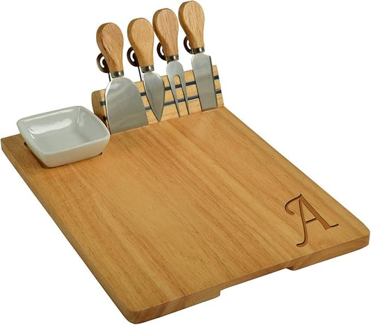 Personalized Monogrammed Laser Engraved Hardwood Board for Cheese & Appetizers - Includes 4 Cheese Knives, Cheese Markers & Ceramic Dish - Designed by Picnic at Ascot in California
