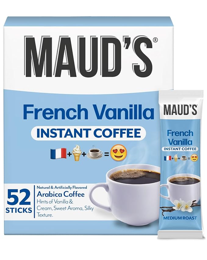Maud's French Vanilla Instant Coffee, 52 ct, 100% Arabica Coffee, Medium Roast, Instant Hot or Iced Coffee - Just add water