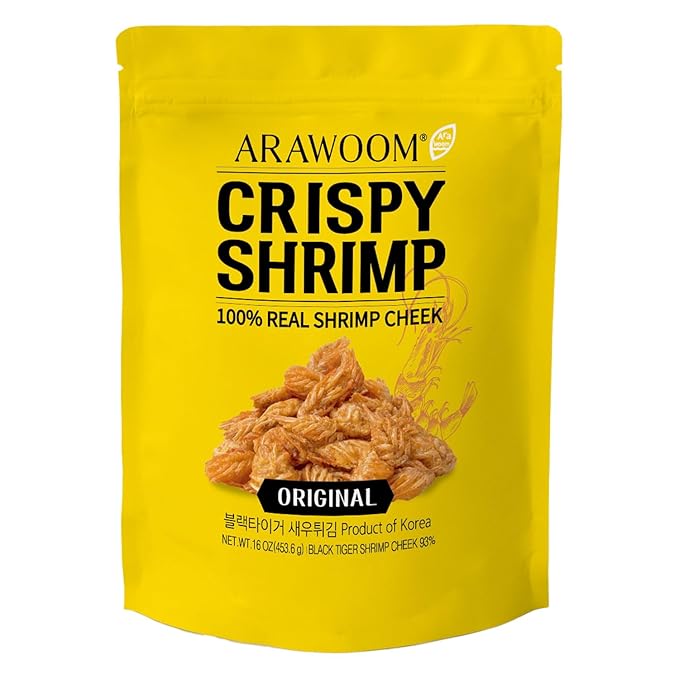ARAWOOM - 100% Real Black Tiger Shrimp Haed Crisps, Original Pack [16oz, Pack of 1], Crispy Seafood Snack, High-Protein Crunch, Crunchy On-the-Go Treat