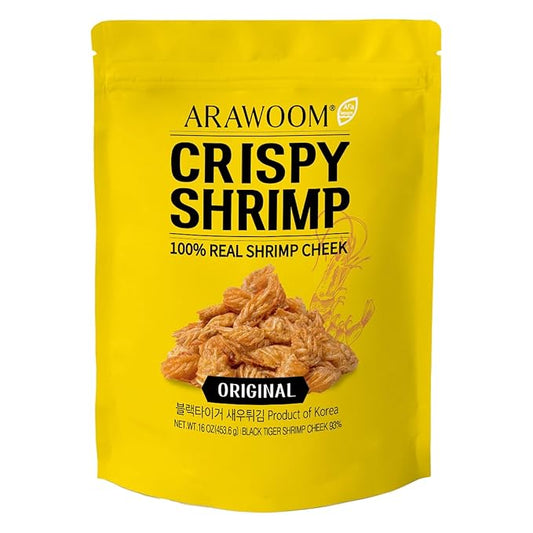 ARAWOOM - 100% Real Black Tiger Shrimp Haed Crisps, Original Pack [16oz, Pack of 1], Crispy Seafood Snack, High-Protein Crunch, Crunchy On-the-Go Treat