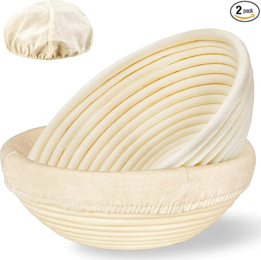 Banneton Bread Proofing Basket: 2-Pack Handcrafted Natural Rattan 9" Round with Breathable Linen Liner - Sourdough Dough Rising Tools for Handmade Baker's