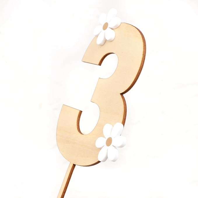 Wooden Daisy Cake Topper - 3rd Birthday & Anniversary Decor, Retro Groovy & Boho Style, Wooden Cake Decorating Supplies