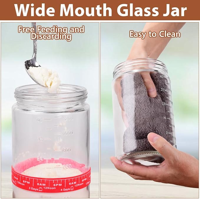 40oz Large Sourdough Starter Jar Glass Kit Wide Mouth with Black Silicone Spatula, Aluminum Lid, Cloth Cover, Date Marked Band, Thermometer (#1p 40oz with Red)