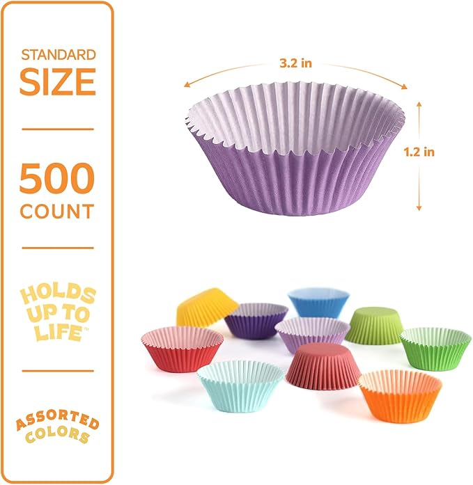 GUSTO [500 Count] Standard Colorful Cupcake Liners, Muffin Liners for Baking, Food Grade & Grease-Proof, Durable Baking Cups for Muffins, Cupcakes, and More - Assorted Colors - Formerly Comfy Package