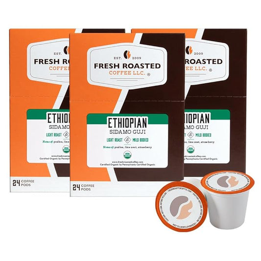 Fresh Roasted Coffee, Organic Ethiopian Sidamo Natural | USDA Organic, 100% Single Origin, Kosher | Light Roast 72 Pods for K Cup Brewers
