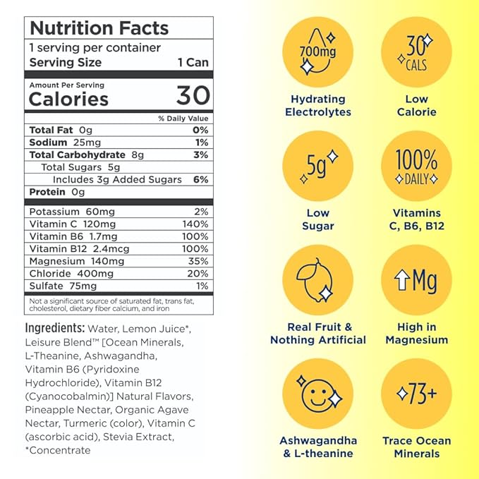 Leisure Hydration Non-Carbonated Electrolyte Refresher, Variety Pack - Low Sugar Nutrient Enhanced Water Beverage - Get The Best Hydration Packed w/ Magnesium & Ashwagandha For Mood & Stress Support, Non-GMO, 16 oz (12-Cans)