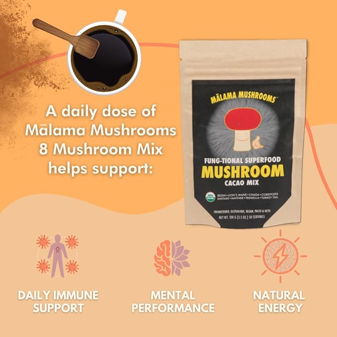 Malama 8-Mushroom Hot Cacao Mix, Organic Chocolate Blend Mushroom Powder for Focus & Inmune Support ??with Lion's Mane, Reishi, Chaga, Turkey Tail ??Vegan Supplement, 3.5 oz (50 Servings)