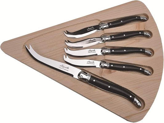 (D) Cheese Set of 5 Black Cutlery and French Vintage Hand Made Cheese Board (Black)