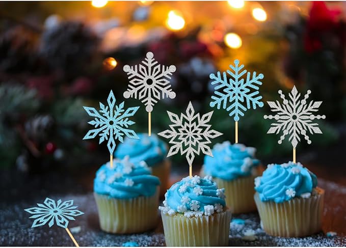 24PCS Glitter Snowflake Cupcake Toppers for Snowflake Decorations, Frozen Snowflake Cake Topper, Christmas Snowflake Cake Picks for Winter Decorations (Blue)