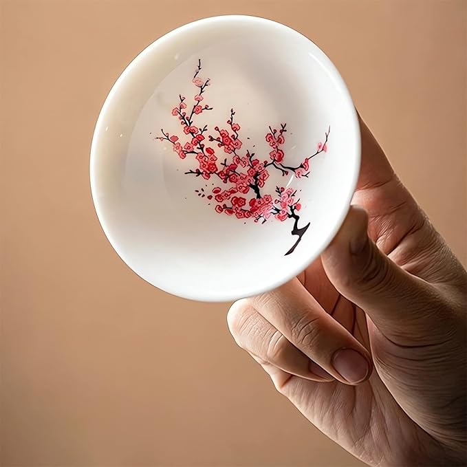 Magic Sakura Cherry Blossom Sake Cup - 2023 New Ceramic Sake Cold/Hot Temperature Color Changing Cup Glasses, Japanese Tea Wine Soju Sake Cup Glasses Set, Magical Blooming Sake Cups (Plum- Cold＆Hot)