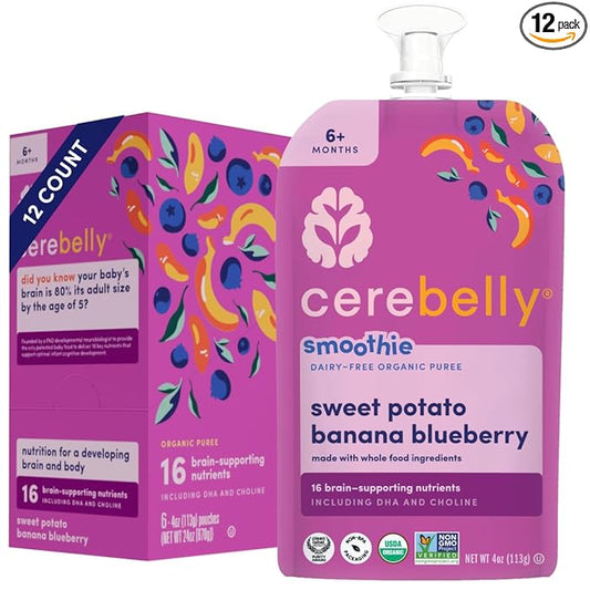 Cerebelly Organic Baby Food Pouches ??Dairy Free Smoothies for Toddlers | No Added Sugar, Fiber, Non-GMO | Toddler Smoothie Pouches | 4oz BPA-Free Baby Food | Sweet Potato Banana Blueberry | 12 Count