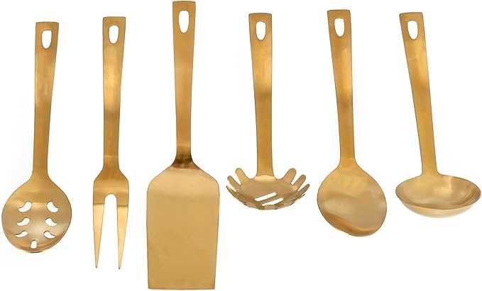 Darware Complete Serving Spoon & Utensil Set (6-Piece Set, Gold); w/Pasta Server, Fork, Spoon, Slotted Spoon, Ladle, & Cake/Casserole Server, SH_2629