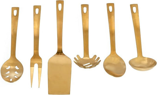 Darware Complete Serving Spoon & Utensil Set (6-Piece Set, Gold); w/Pasta Server, Fork, Spoon, Slotted Spoon, Ladle, & Cake/Casserole Server, SH_2629