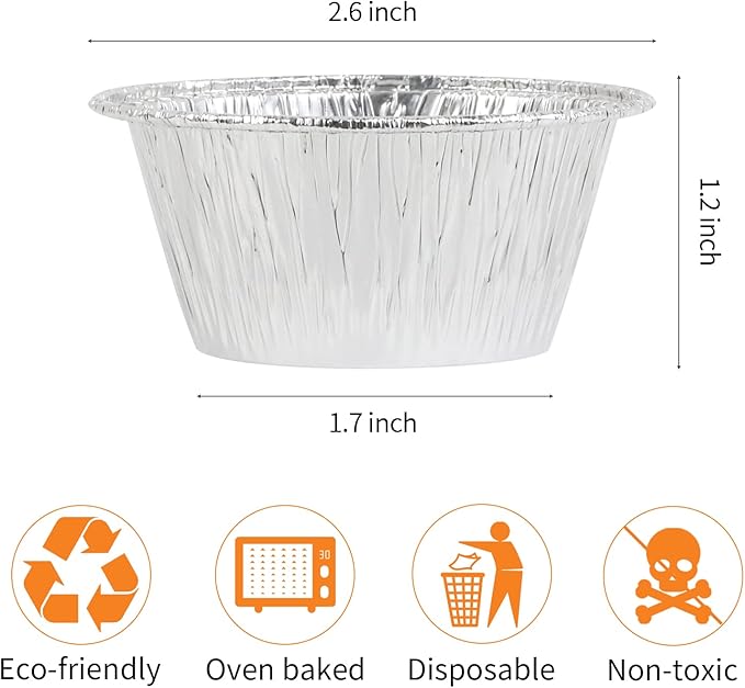 Aluminum Foil Baking Cups, Disposable Ramekin 3 Oz Silver Foil Cupcake liners, 200 Pcs Aluminum Baking Cups Egg Tart Liners for Baking, Cupcake, Pudding, Muffin, Creme Brulee