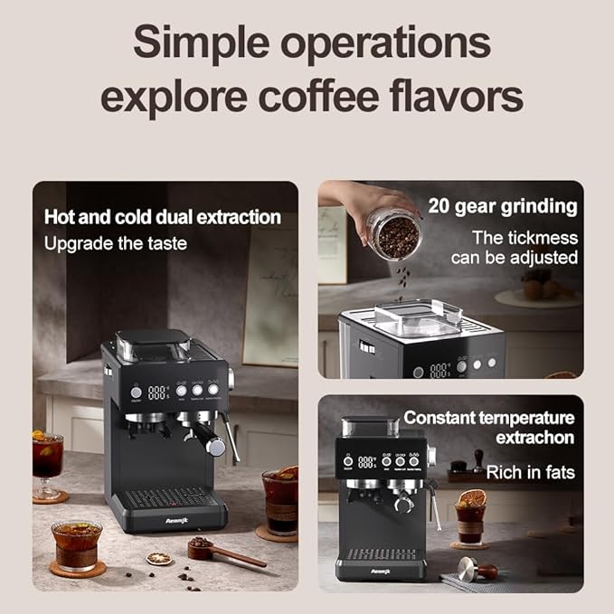 espresso machine,Grinding Semi-Automatic Coffee Machine, Temperature, Time Display, with Steam Wand for Milk Froth, Easy to Operate Espresso Machine, Can Make Espresso, Latte, Cappuccino